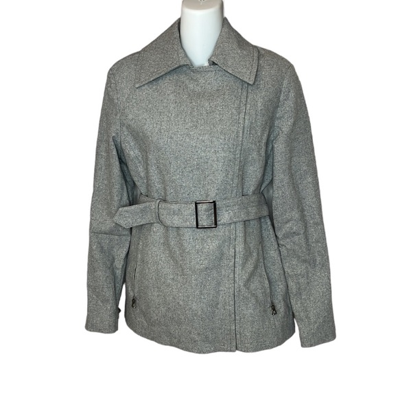 MNG Wool Blend Moto Zip Up Belted Jacket Gray Quilted Satin Lining Size US Small - Picture 1 of 16